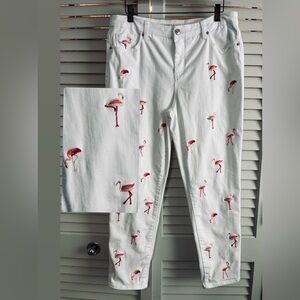 Chico’s So Slimming White Flamingo Embroidered Girlfriend Ankle Jeans